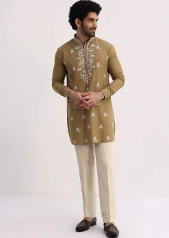 Beige Resham Work Kurta Set For Men