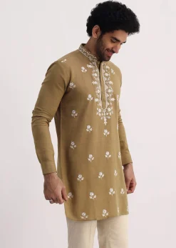 Beige Resham Work Kurta Set For Men