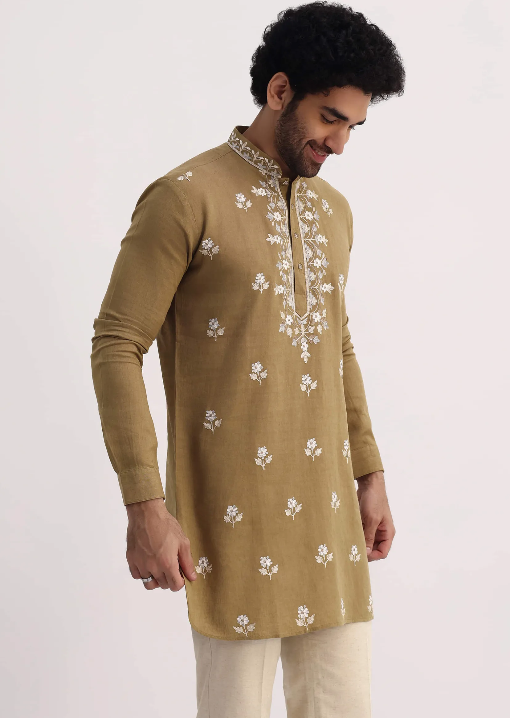 Beige Resham Work Kurta Set For Men