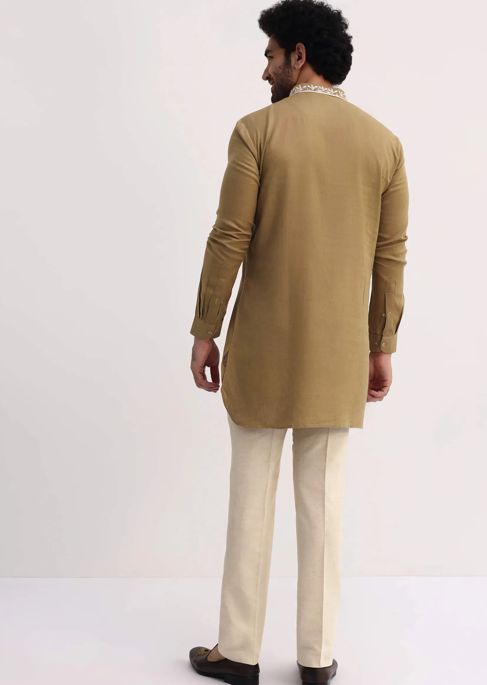 Beige Resham Work Kurta Set For Men