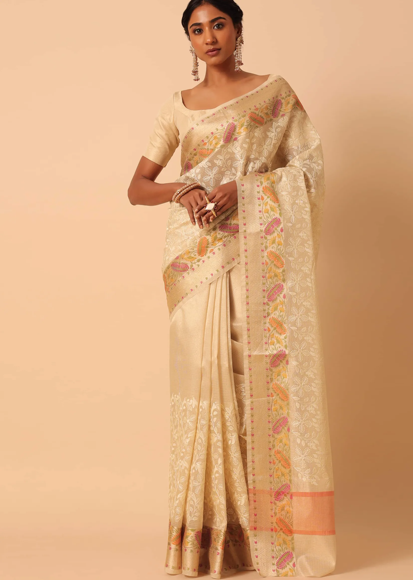 Beige Saree In Kora Silk With Floral Motif Multicolor Thread Work And Unstitched Blouse Piece