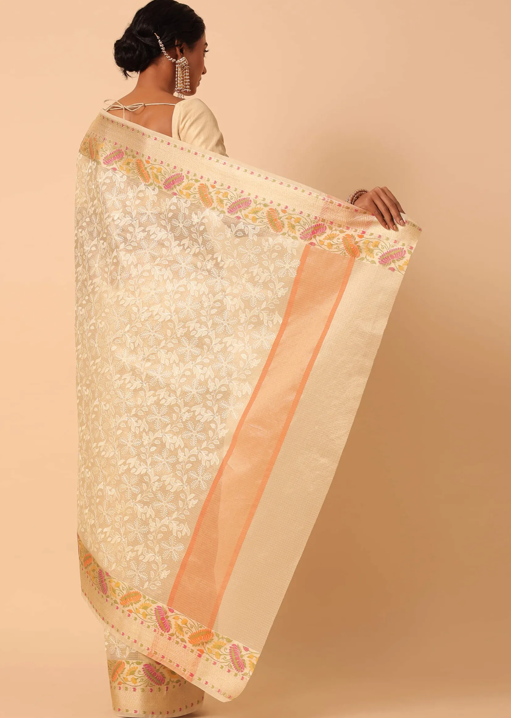 Beige Saree In Kora Silk With Floral Motif Multicolor Thread Work And Unstitched Blouse Piece