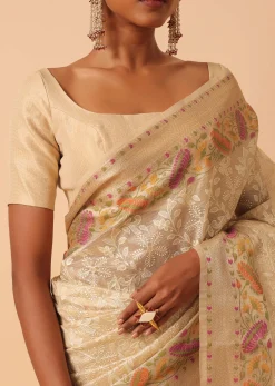 Beige Saree In Kora Silk With Floral Motif Multicolor Thread Work And Unstitched Blouse Piece