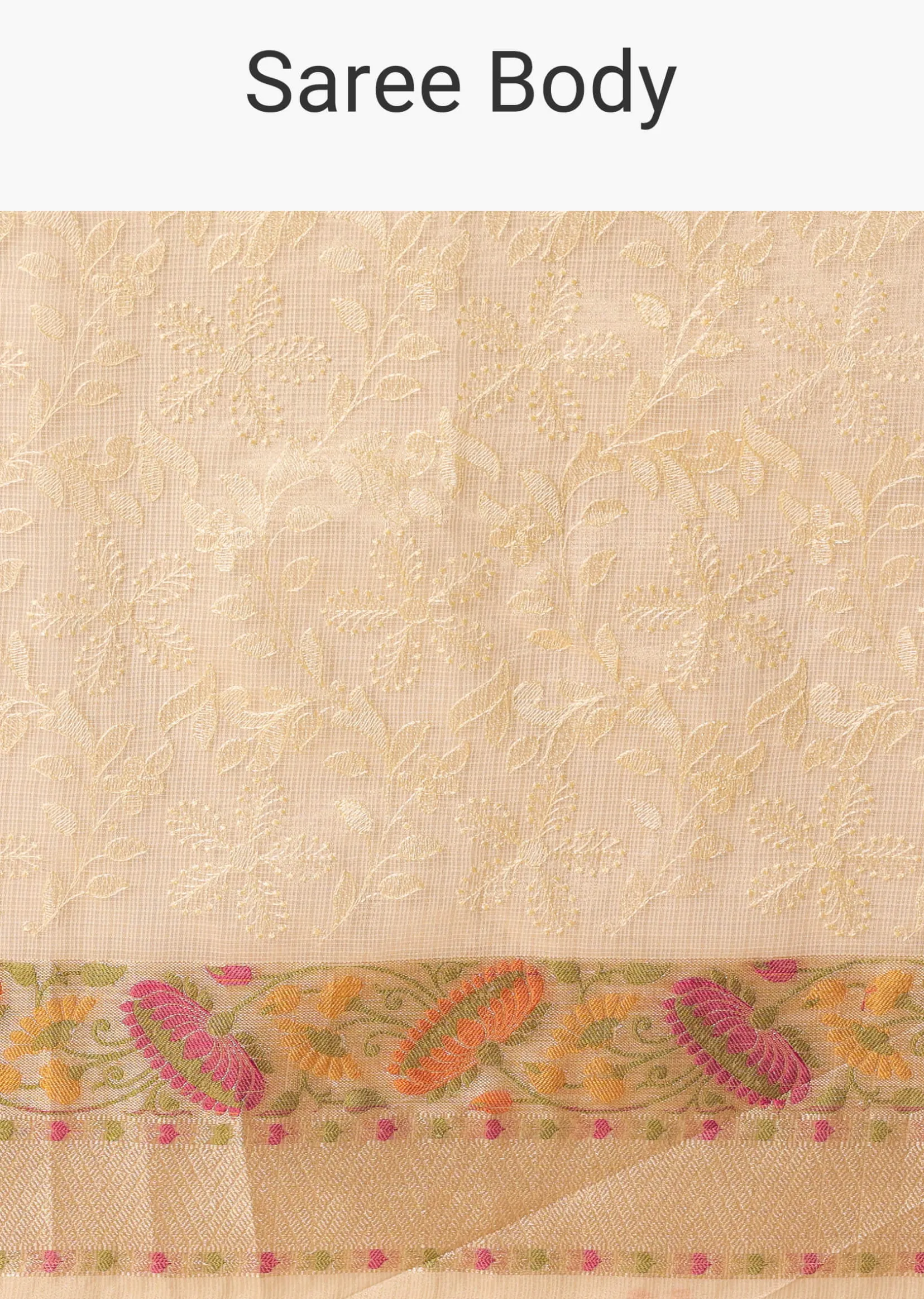 Beige Saree In Kora Silk With Floral Motif Multicolor Thread Work And Unstitched Blouse Piece