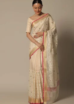 Beige Saree With Multi-Color Thread Work In Kora Silk