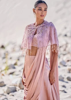 Beige Satin Draped Saree With Pleated Blouse And Embroidered Cape