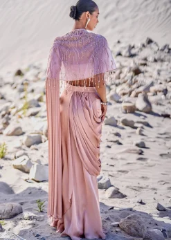Beige Satin Draped Saree With Pleated Blouse And Embroidered Cape