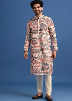 Beige Satin Forest Motif Printed Kurta Set