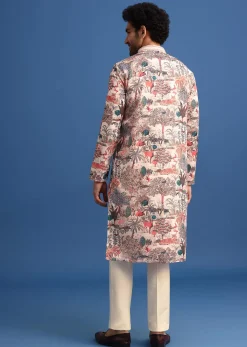 Beige Satin Forest Motif Printed Kurta Set