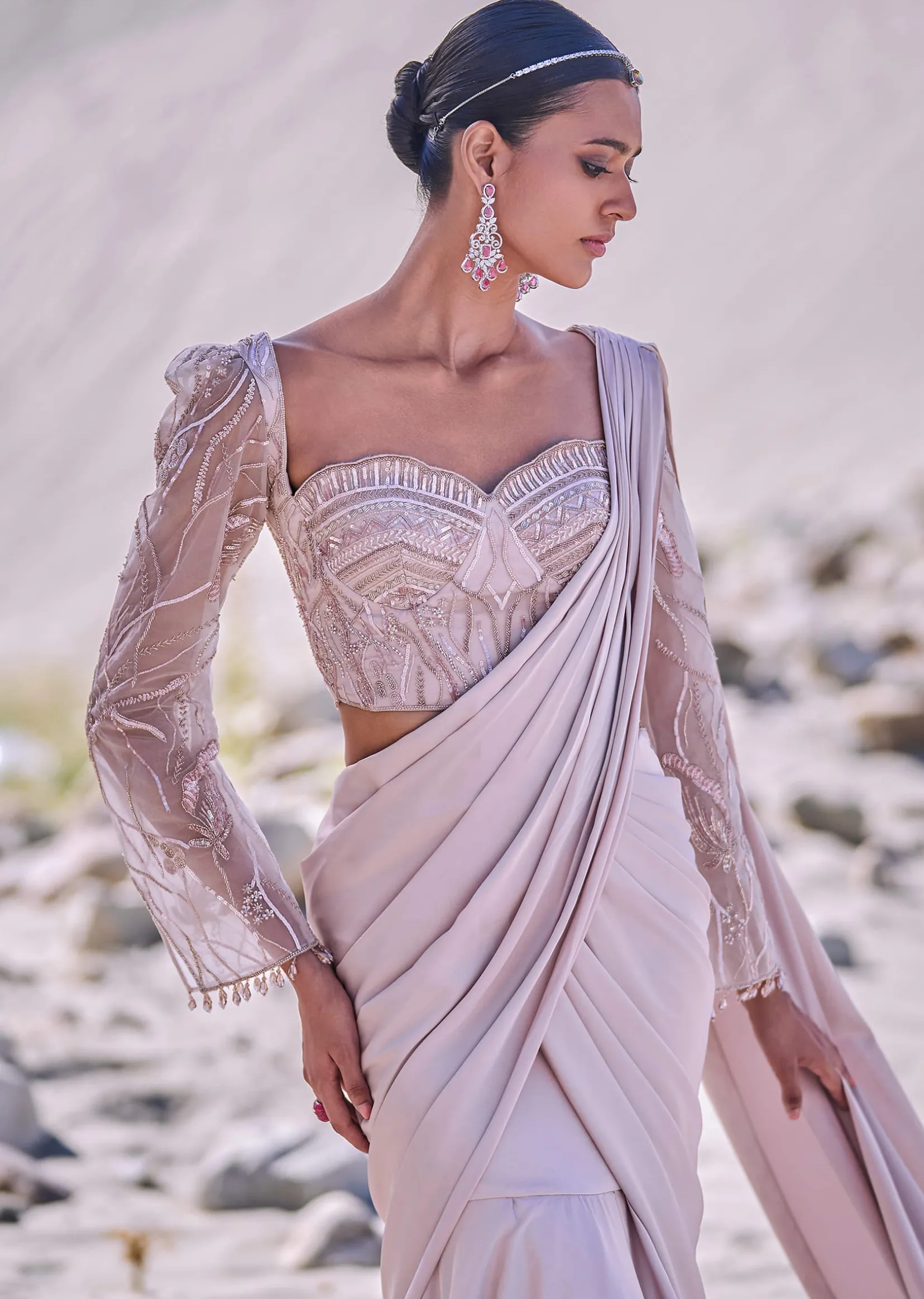 Beige Satin Pre Draped Saree With Embroidered Corset Blouse