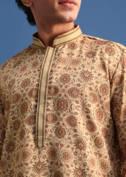 Beige Satin Printed Kurta Set For Men