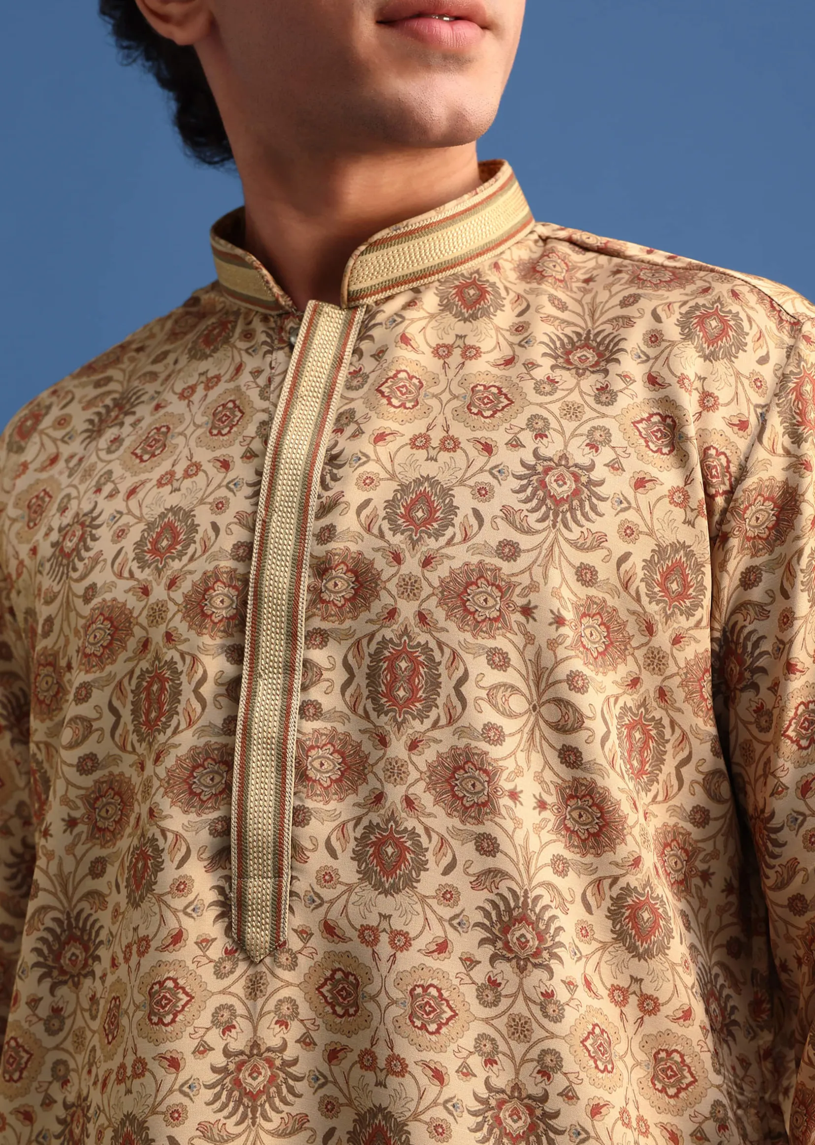 Beige Satin Printed Kurta Set For Men