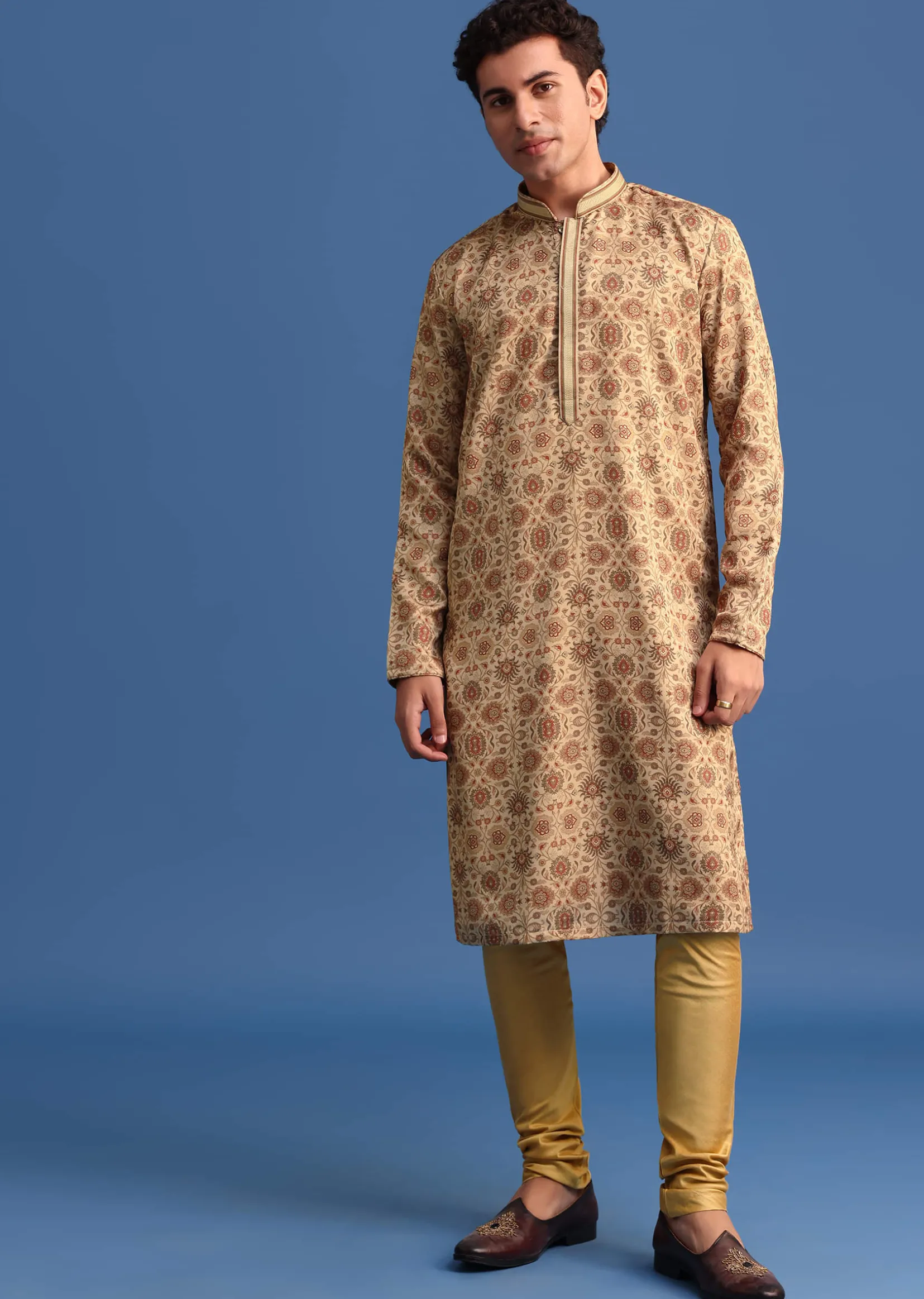 Beige Satin Printed Kurta Set For Men