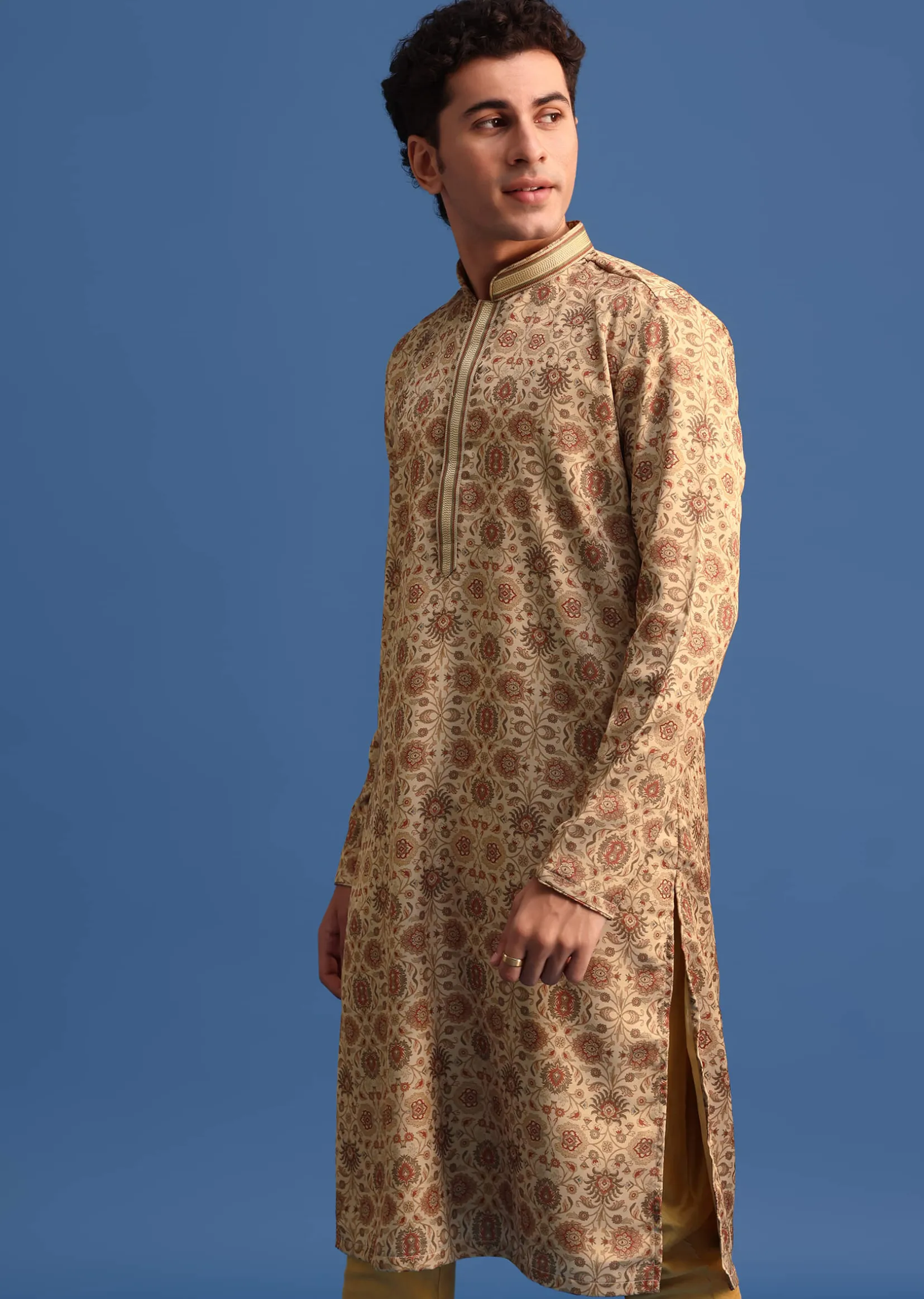 Beige Satin Printed Kurta Set For Men