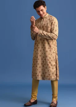 Beige Satin Printed Kurta Set For Men