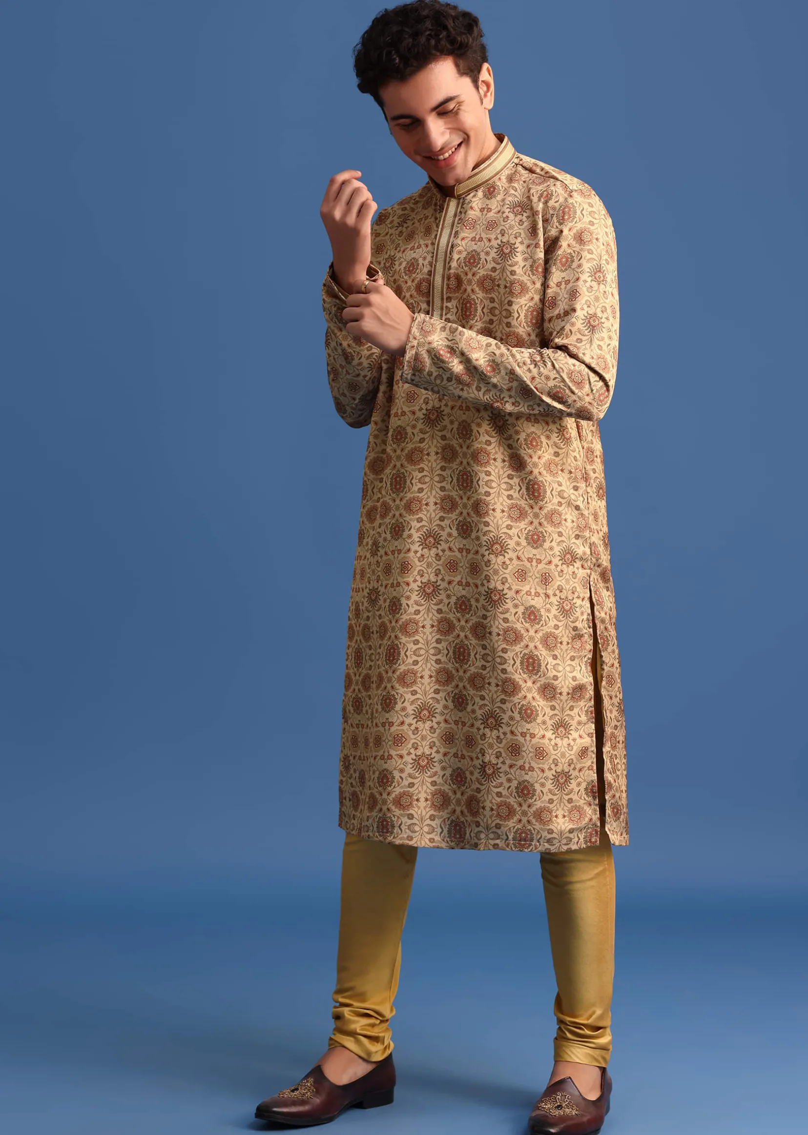 Beige Satin Printed Kurta Set For Men