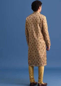 Beige Satin Printed Kurta Set For Men