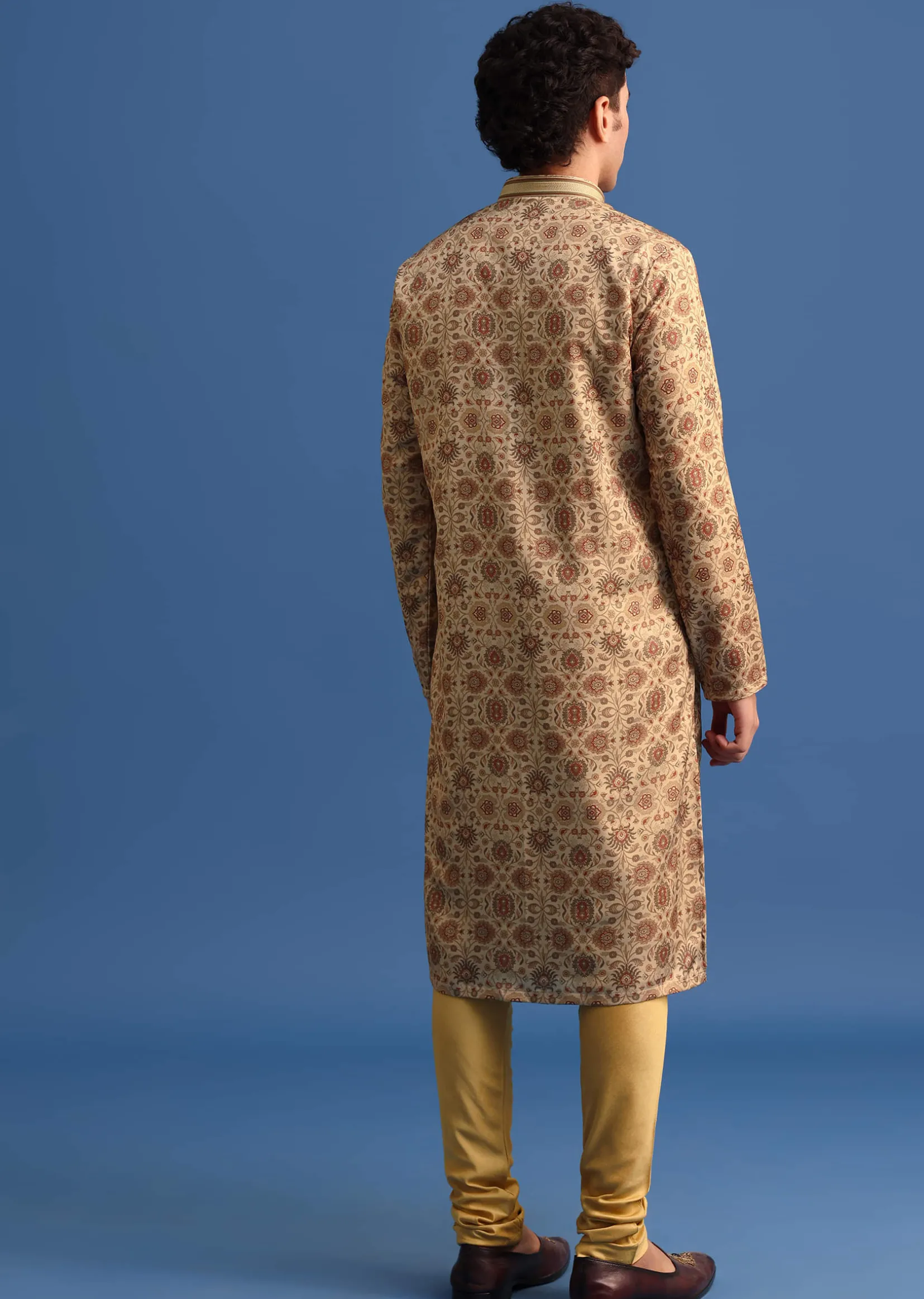 Beige Satin Printed Kurta Set For Men