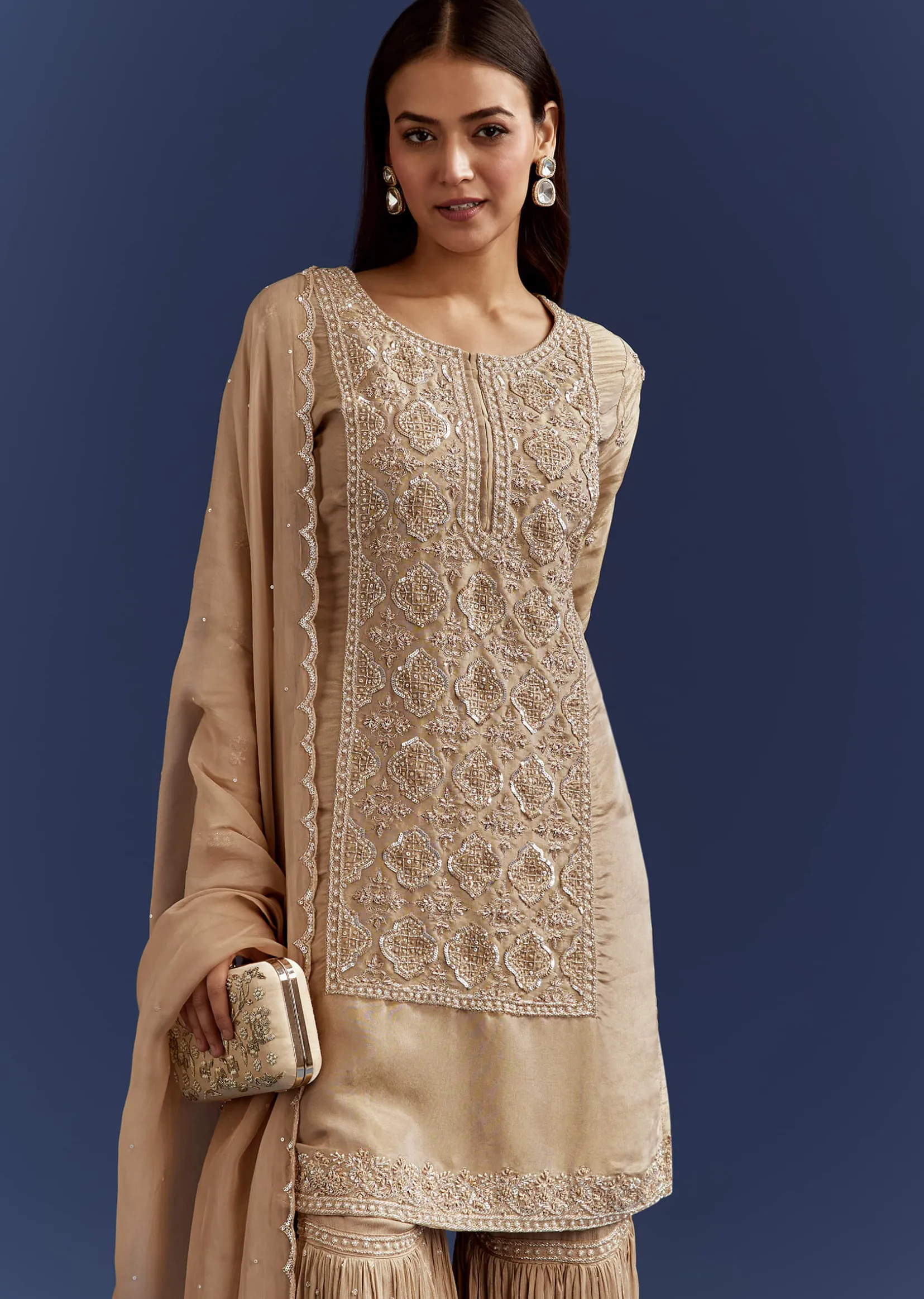 Beige Sequins And Cutdana Kurta With Sharara And Organza Dupatta