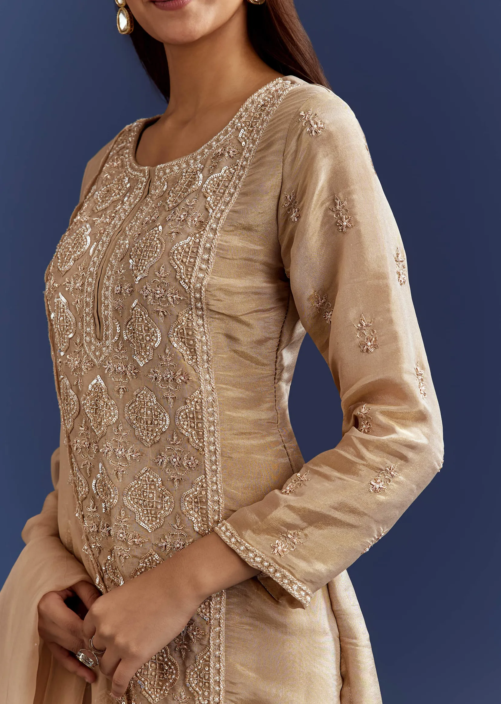 Beige Sequins And Cutdana Kurta With Sharara And Organza Dupatta