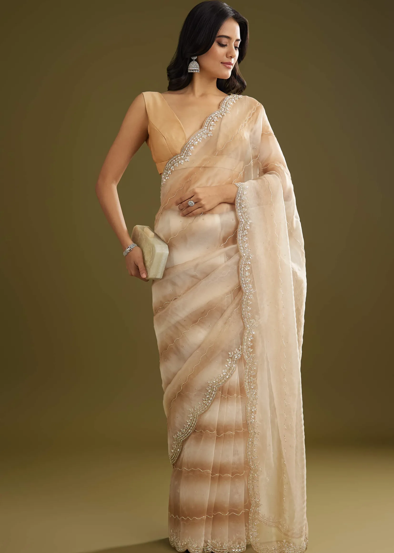 Beige Shaded Glass Tissue Saree With Stone Embellishment