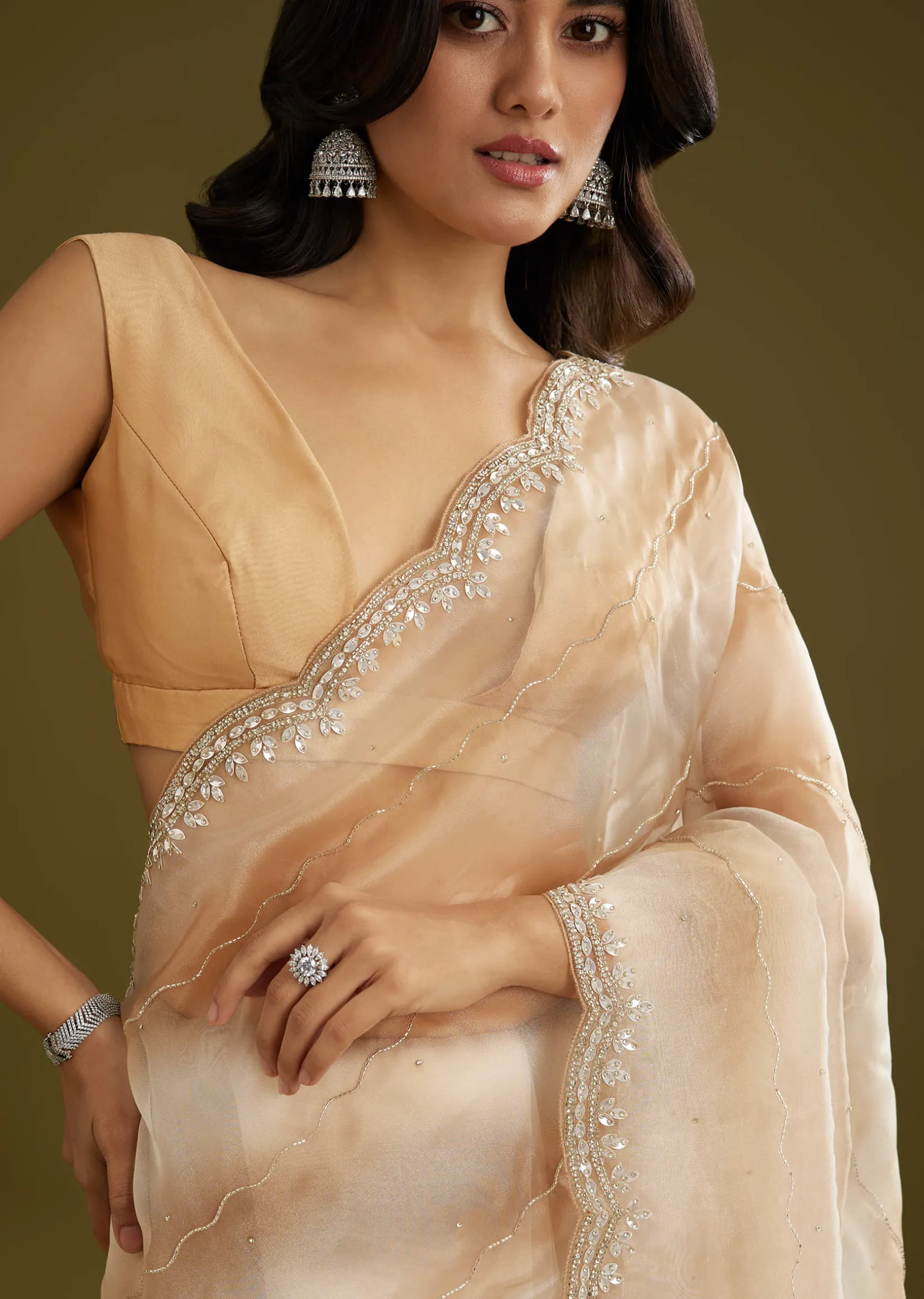Beige Shaded Glass Tissue Saree With Stone Embellishment