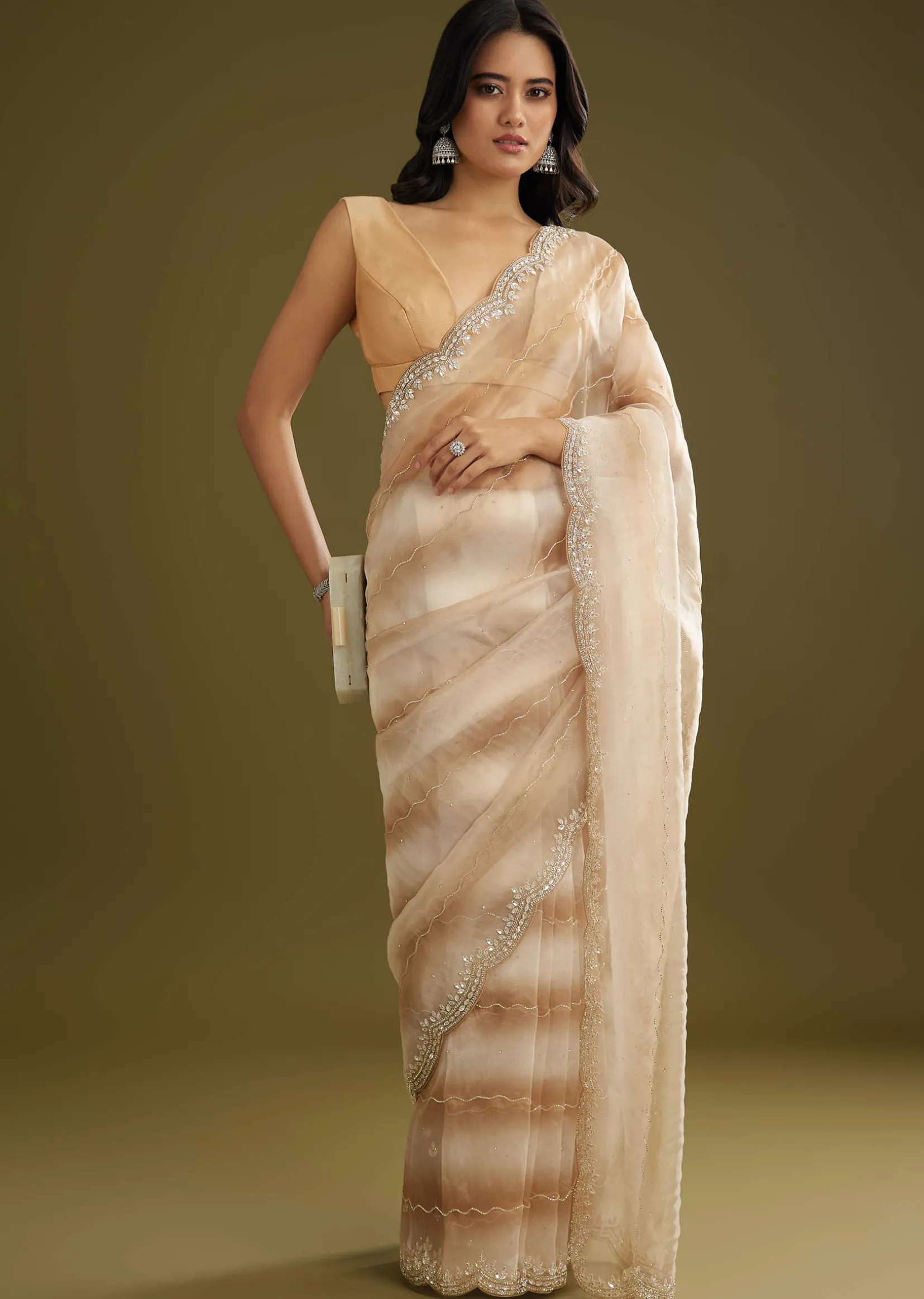 Beige Shaded Glass Tissue Saree With Stone Embellishment