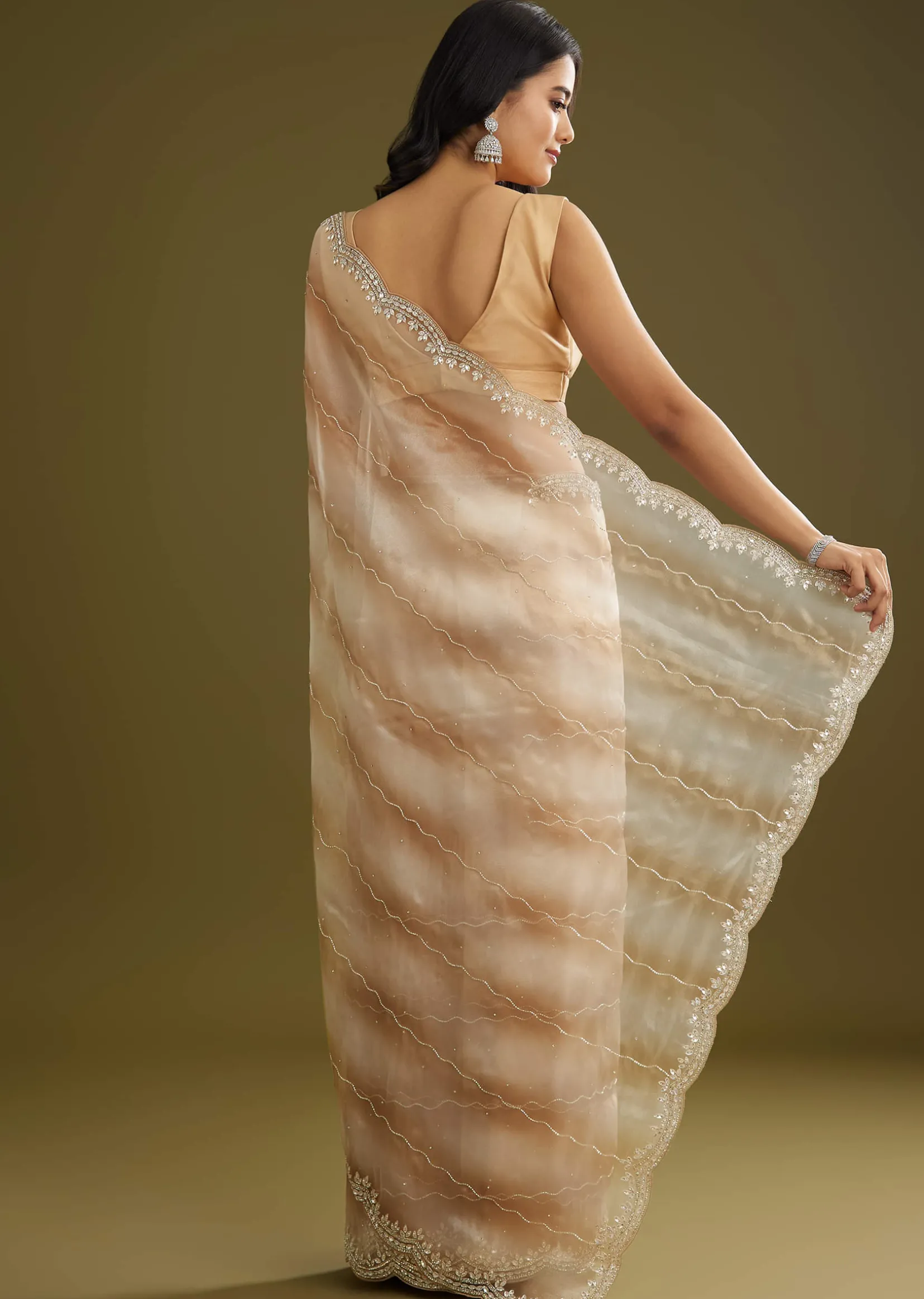 Beige Shaded Glass Tissue Saree With Stone Embellishment