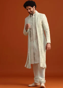 Beige Sherwani Set With Dupatta With Hand Work