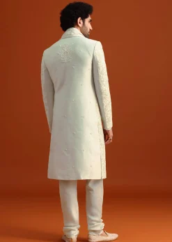 Beige Sherwani Set With Dupatta With Hand Work