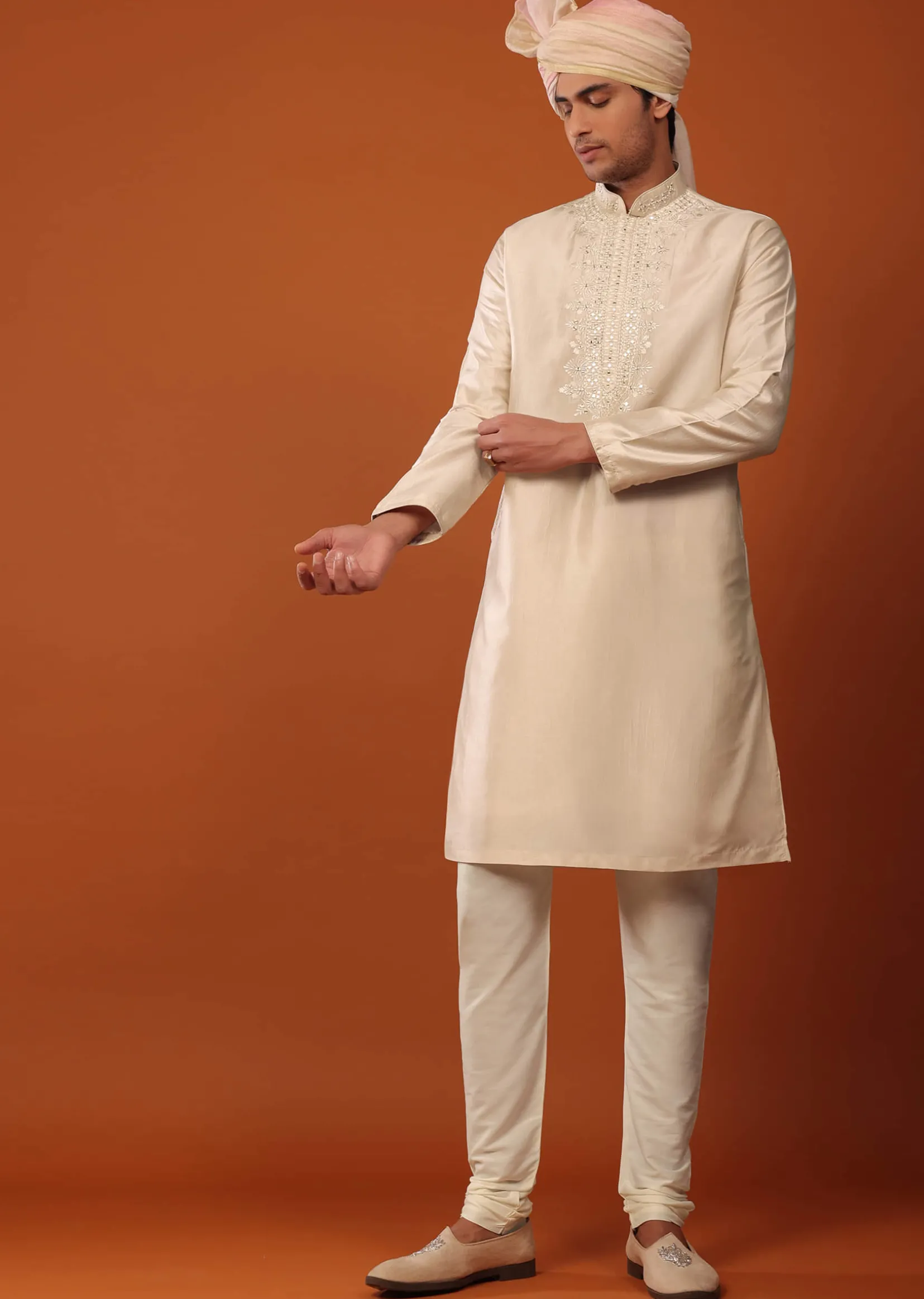 Beige Sherwani With Resham And Mirror Work