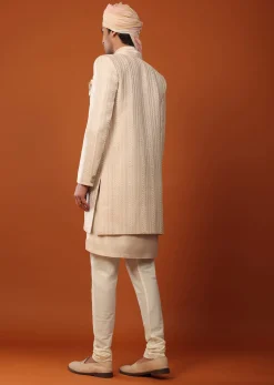 Beige Sherwani With Resham And Mirror Work