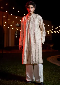 Beige Silk Abla Work Kurta Set For Men