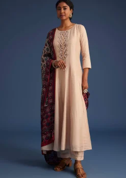 Beige Silk Anarkali Set With Ajrakh Print Dupatta