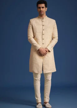 Beige Silk Blend Sherwani Set