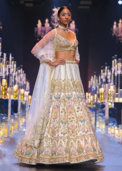 Beige Silk Bridal Lehenga Set With Organza 3D Floral Embroidery