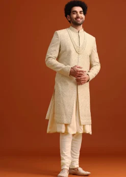Beige Silk Embroidered Sherwani And Kurta Set With Dupatta