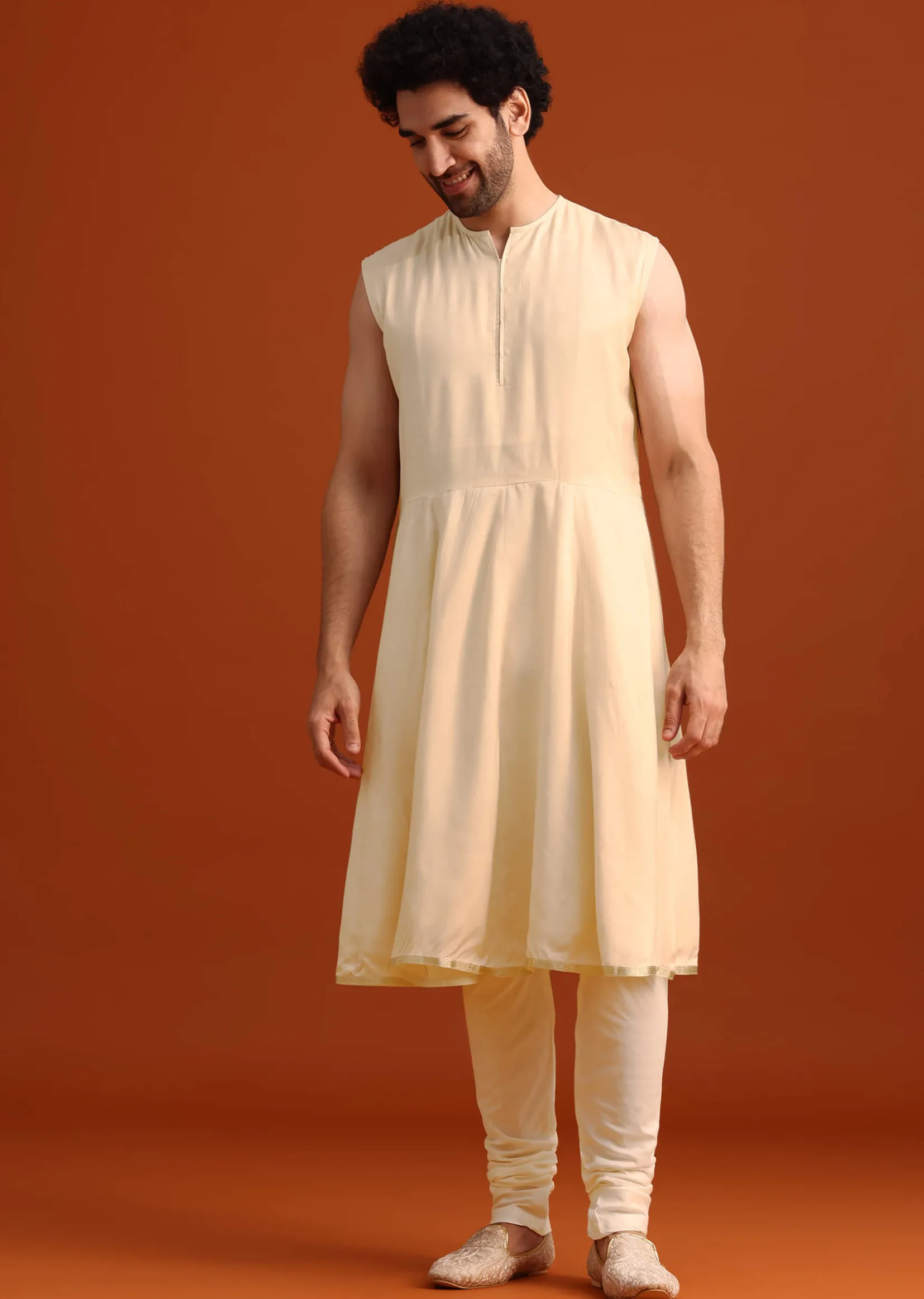 Beige Silk Embroidered Sherwani And Kurta Set With Dupatta