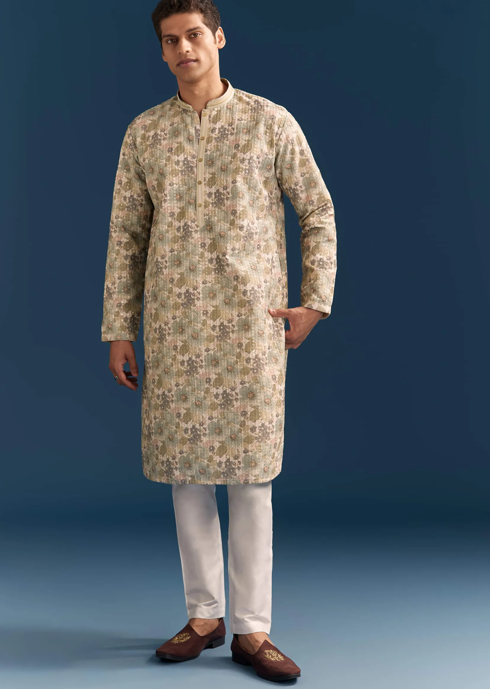 Beige Silk Floral Kurta Set For Men With Thread Embroidery