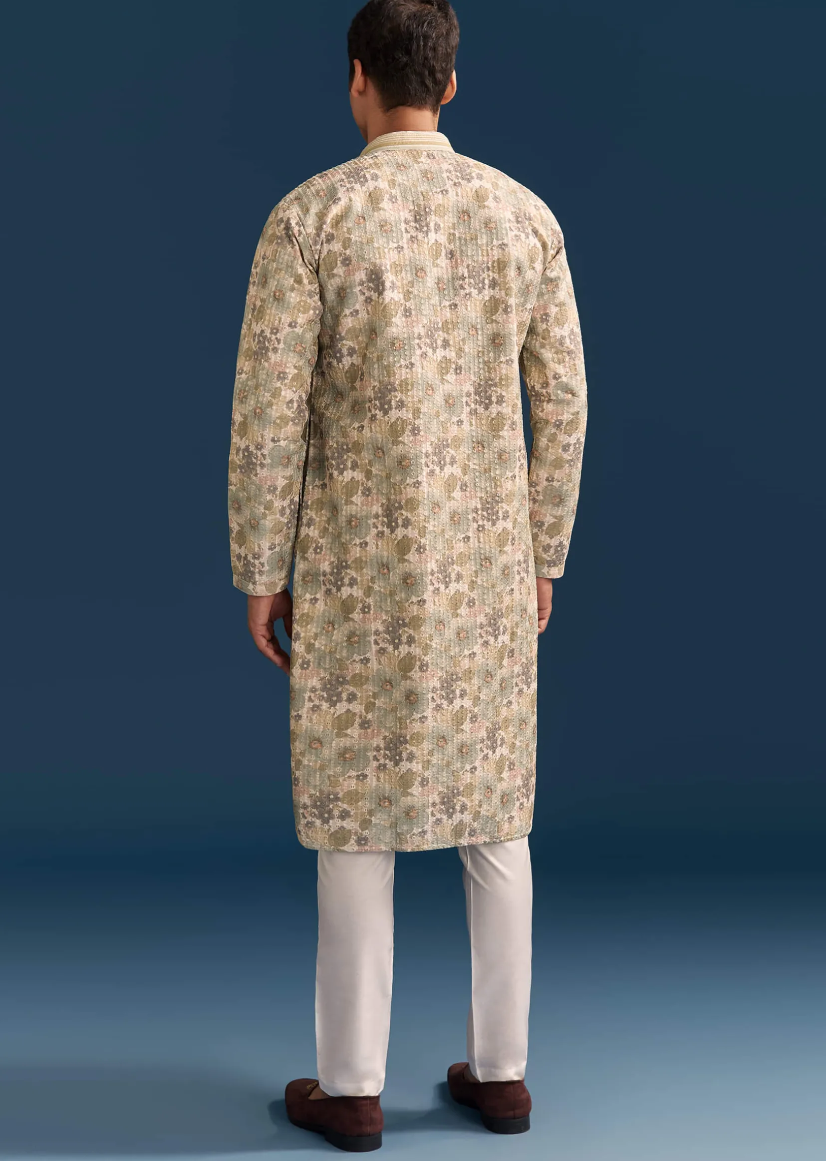 Beige Silk Floral Kurta Set For Men With Thread Embroidery