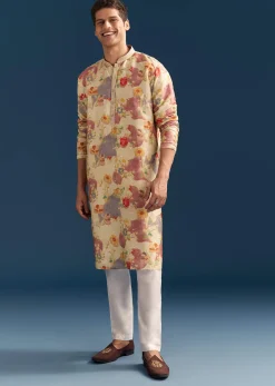Beige Silk Floral Kurta Set For Men With Mirror Embroidery