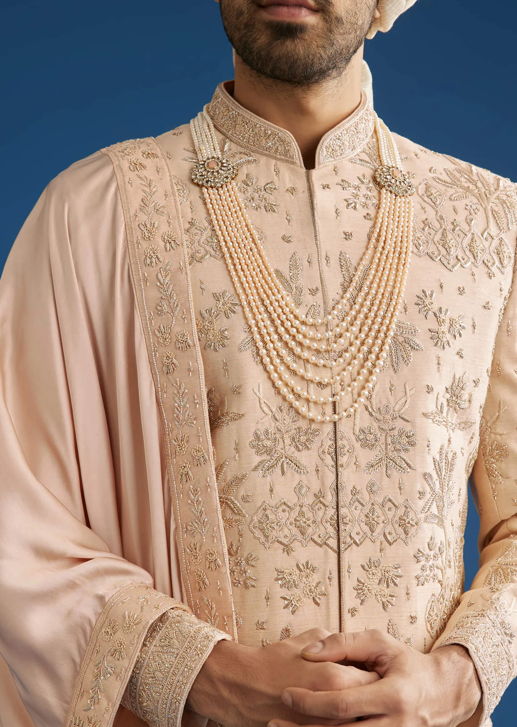 Beige Silk Groom Sherwani Set With Zardosi Work