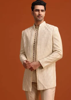 Beige Silk Indo Western And Kurta Set With Zardozi Work