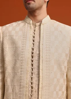 Beige Silk Indo Western And Kurta Set With Zardozi Work