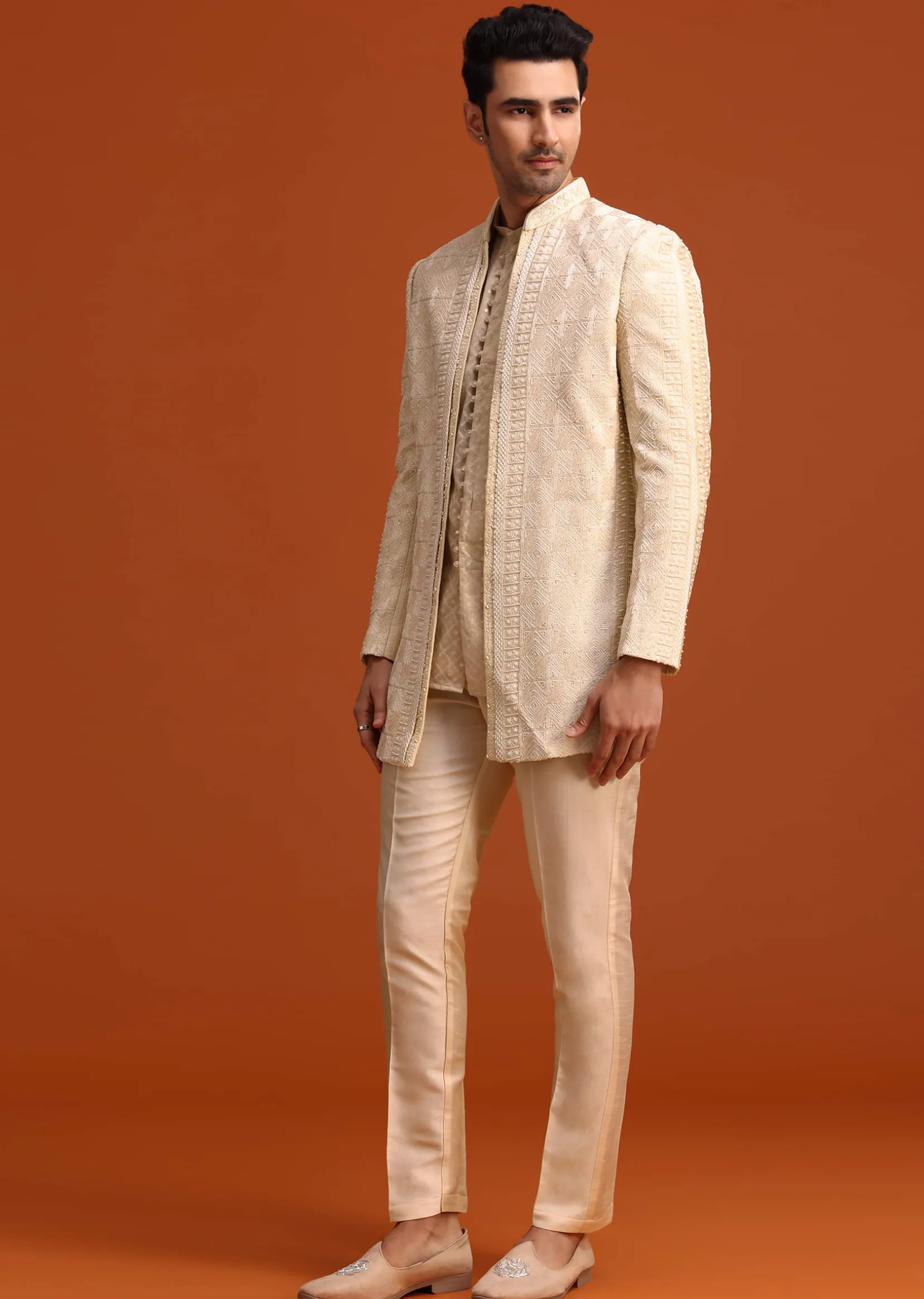 Beige Silk Indo Western And Kurta Set With Zardozi Work
