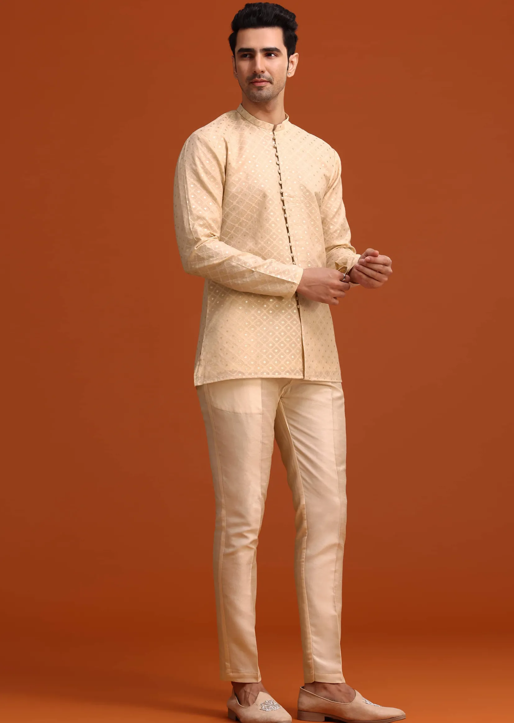 Beige Silk Indo Western And Kurta Set With Zardozi Work