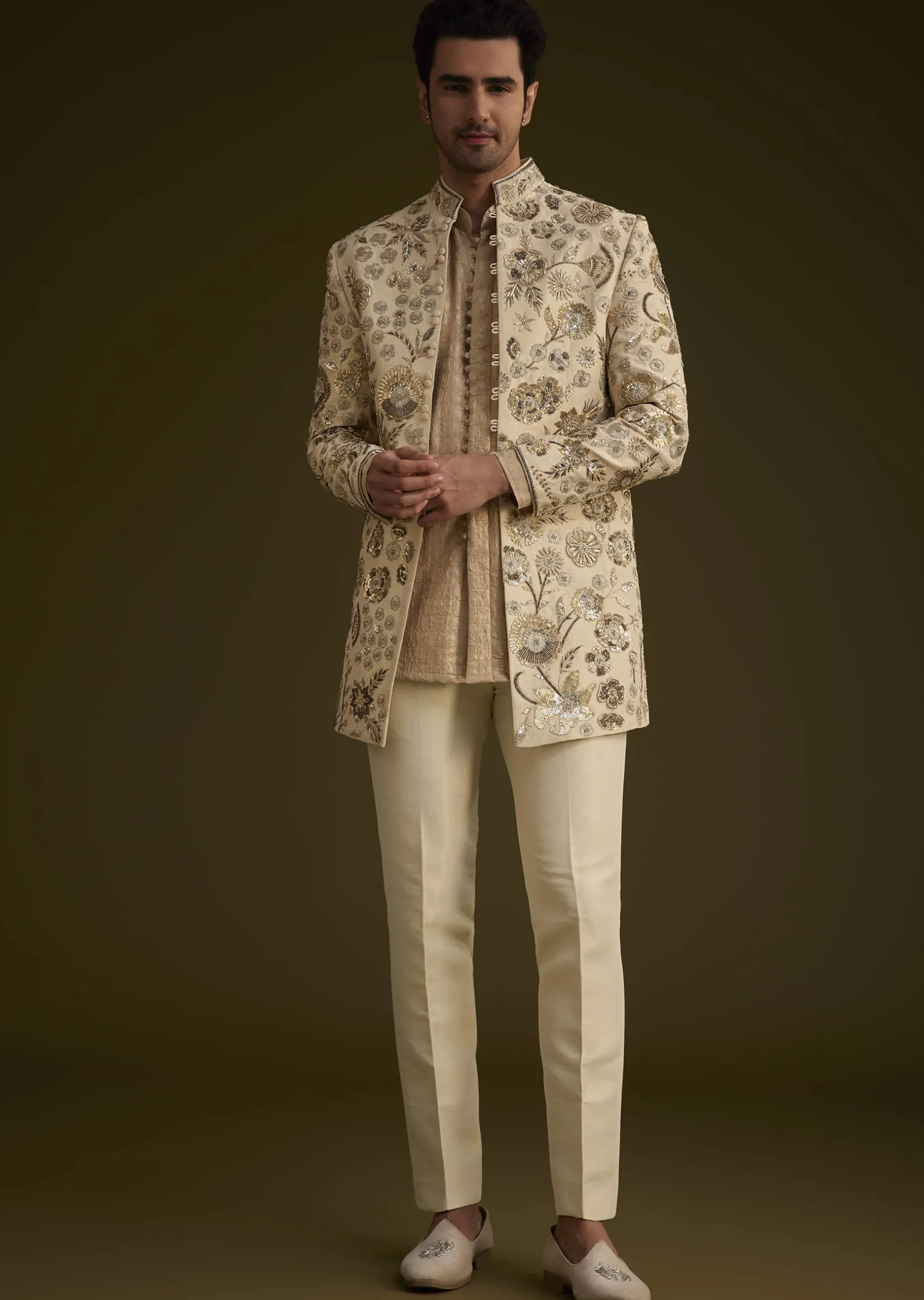 Beige Silk Indowestern Suit With Floral Zardosi Embroidery