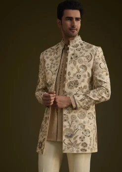 Beige Silk Indowestern Suit With Floral Zardosi Embroidery