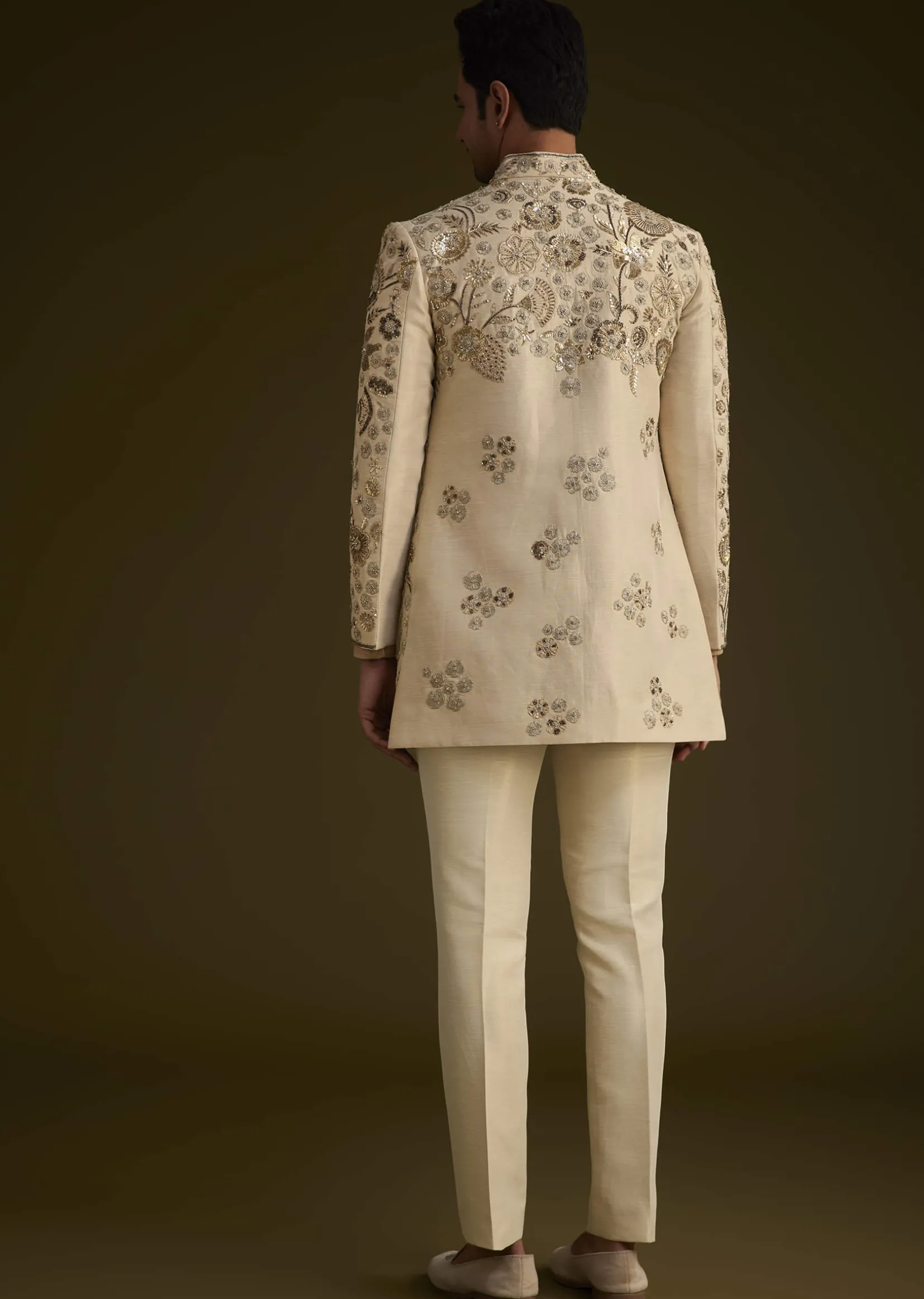 Beige Silk Indowestern Suit With Floral Zardosi Embroidery