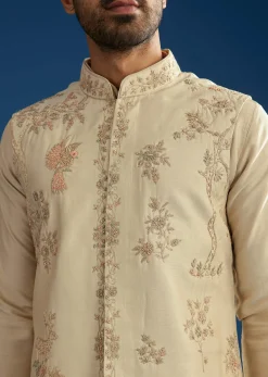 Beige Silk Kurta Jacket Set With Cutdana Work